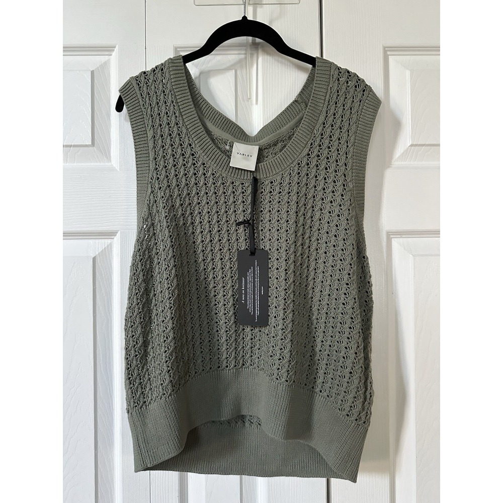 Varley Women's Ferns Open Knit Sweater Sleeveless Green Scoop Neck Size XL